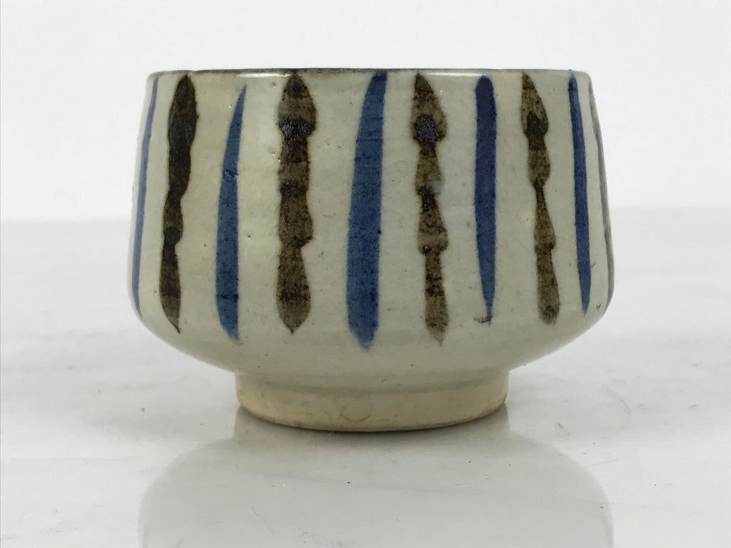 Japanese Ceramic Yunomi Teacup Vtg Pottery Sencha Beige Black Blue Stripe TC625