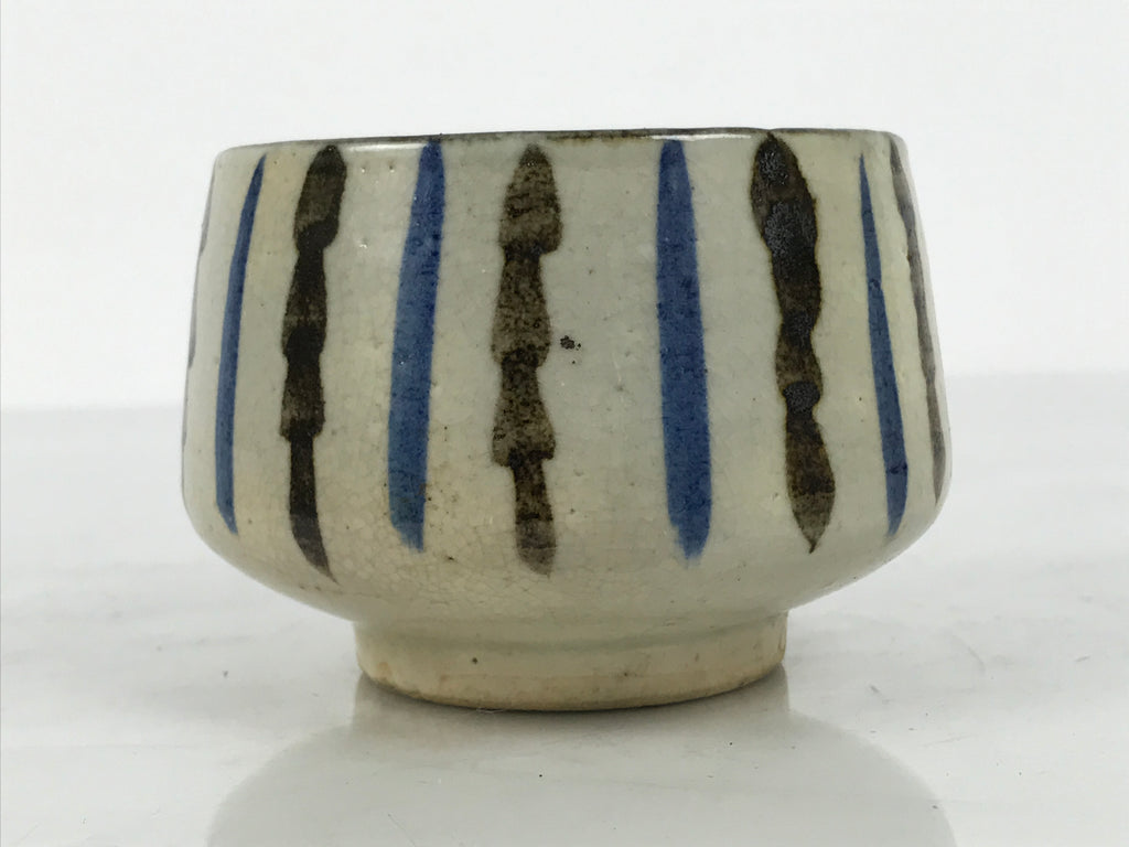 Japanese Ceramic Yunomi Teacup Vtg Pottery Sencha Beige Black Blue Stripe TC625