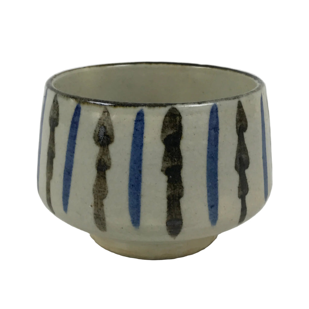 Japanese Ceramic Yunomi Teacup Vtg Pottery Sencha Beige Black Blue Stripe TC625