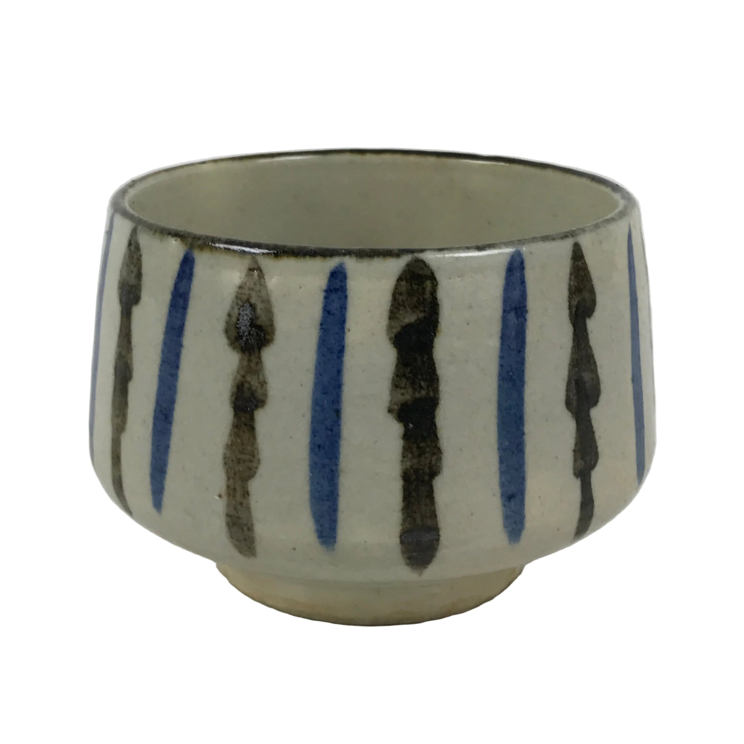Japanese Ceramic Yunomi Teacup Vtg Pottery Sencha Beige Black Blue Stripe TC625
