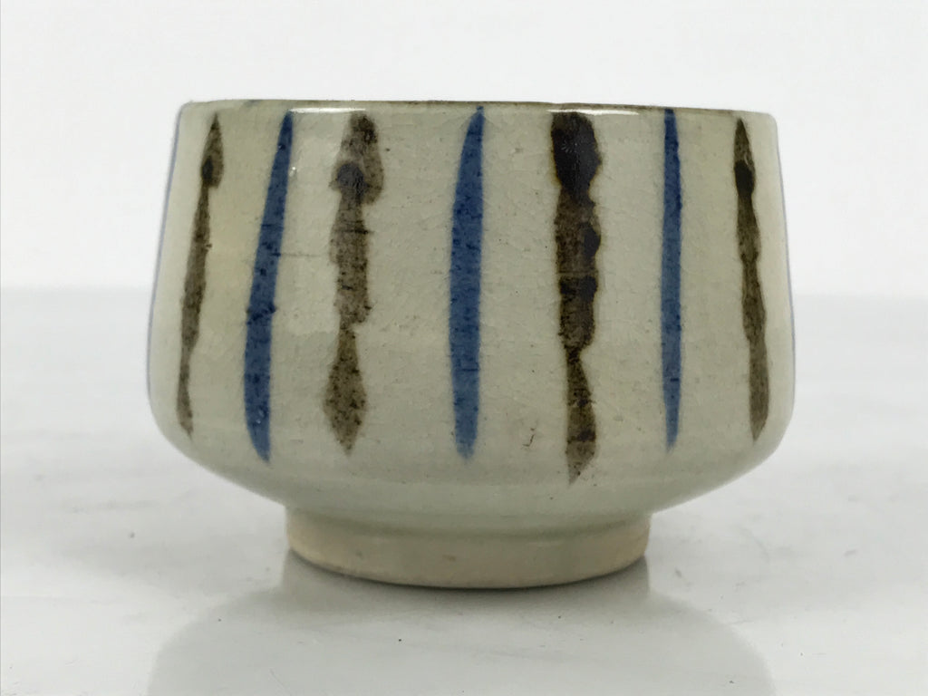 Japanese Ceramic Yunomi Teacup Vtg Pottery Sencha Beige Black Blue Stripe TC626