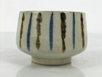 Japanese Ceramic Yunomi Teacup Vtg Pottery Sencha Beige Black Blue Stripe TC626