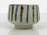 Japanese Ceramic Yunomi Teacup Vtg Pottery Sencha Beige Black Blue Stripe TC626