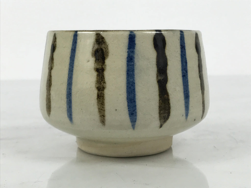 Japanese Ceramic Yunomi Teacup Vtg Pottery Sencha Beige Black Blue Stripe TC626