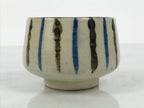 Japanese Ceramic Yunomi Teacup Vtg Pottery Sencha Beige Black Blue Stripe TC626