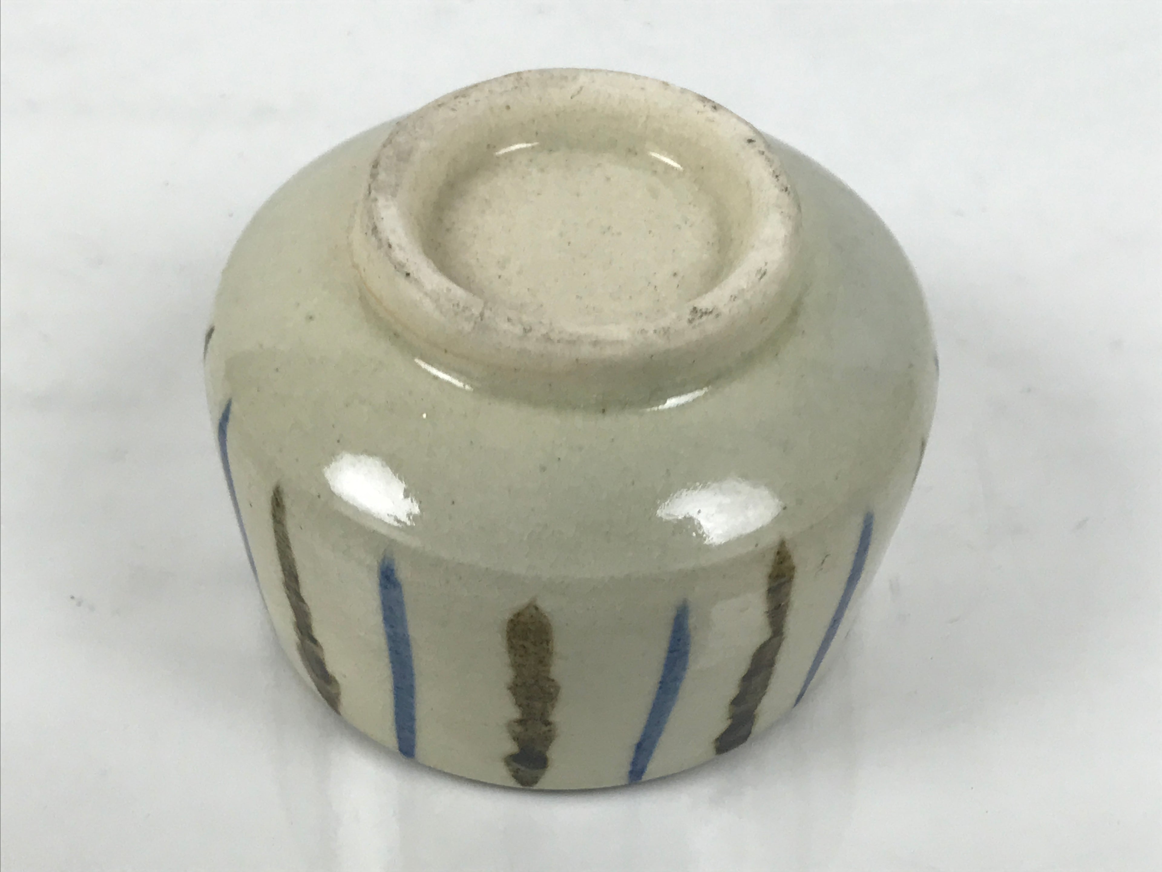 Japanese Ceramic Yunomi Teacup Vtg Pottery Sencha Beige Black Blue Stripe TC626