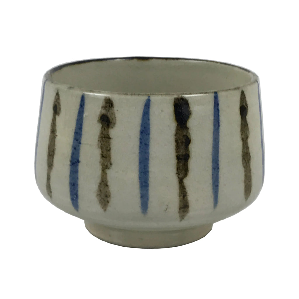 Japanese Ceramic Yunomi Teacup Vtg Pottery Sencha Beige Black Blue Stripe TC626