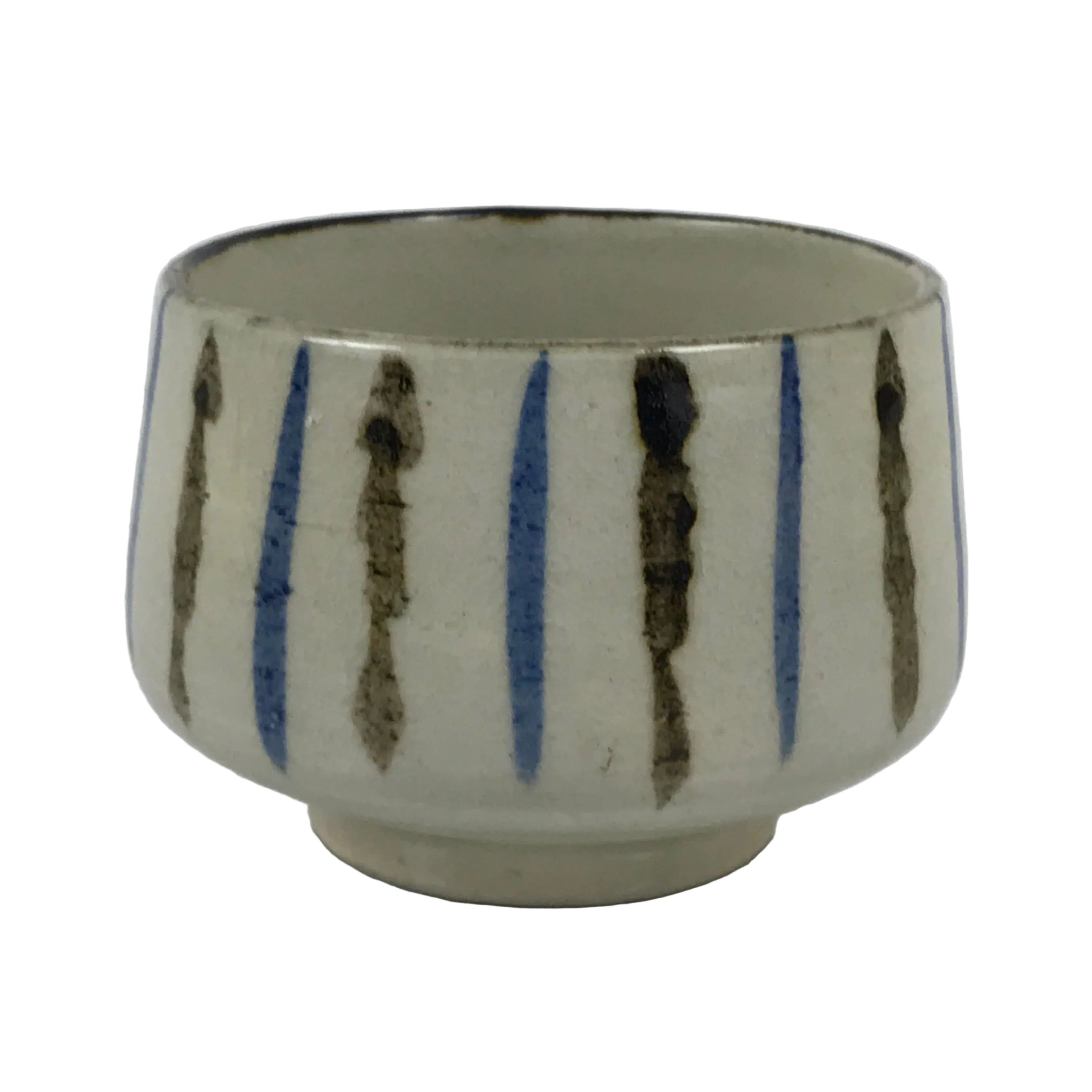 Japanese Ceramic Yunomi Teacup Vtg Pottery Sencha Beige Black Blue Stripe TC626