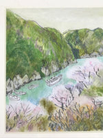 Japanese Cherry Blossom River Pastel Drawing Art Signed Yoshihiro Hagino FL314