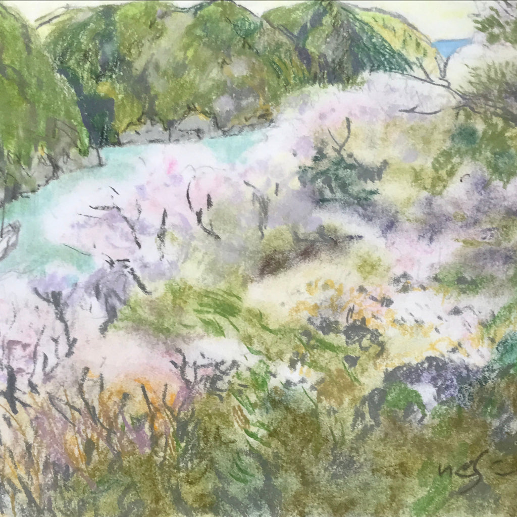 Japanese Cherry Blossom River Pastel Drawing Art Signed Yoshihiro Hagino FL314