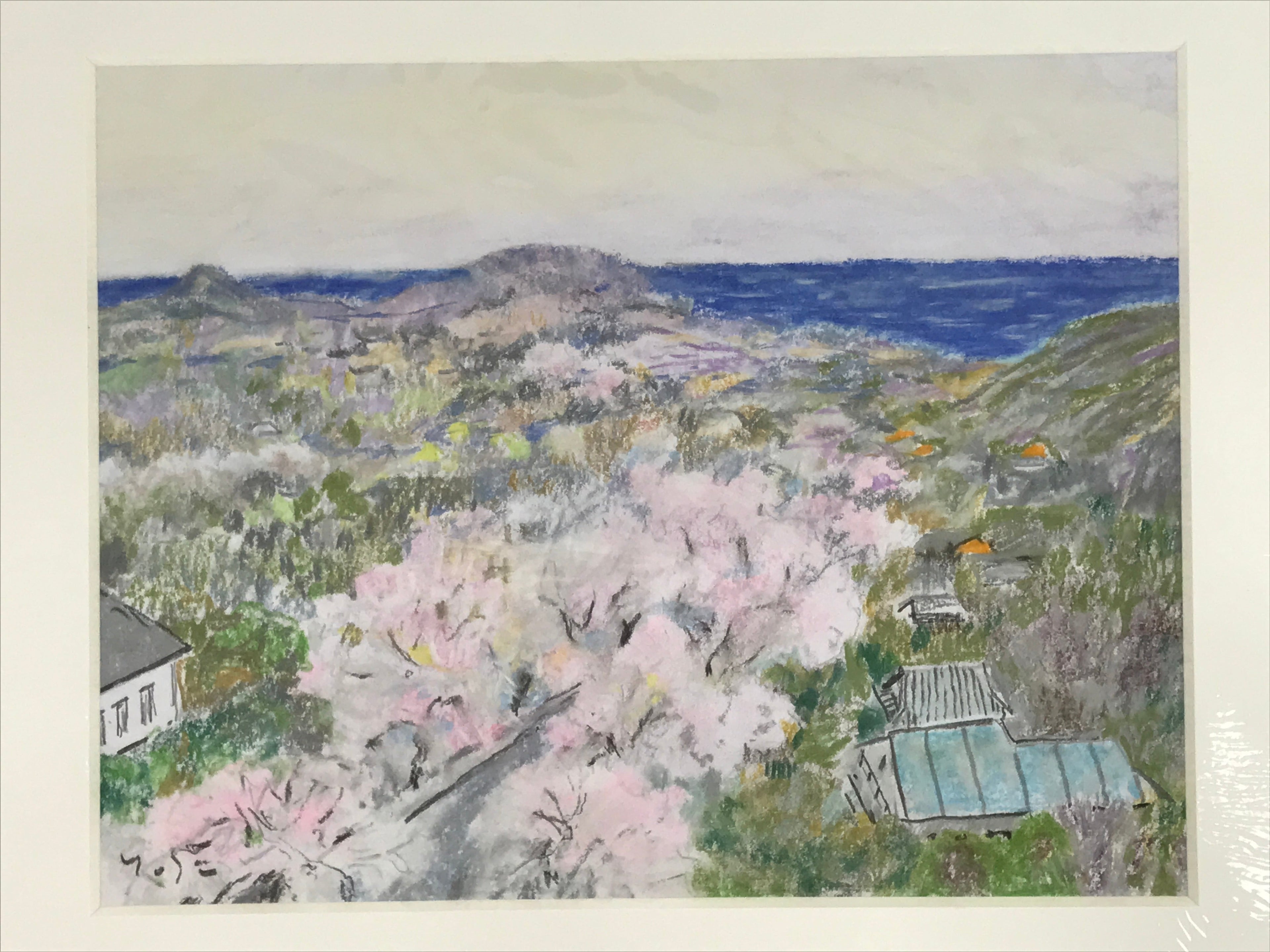 Japanese Cherry Blossom View Pastel Drawing Art Signed Yoshihiro Hagino FL319