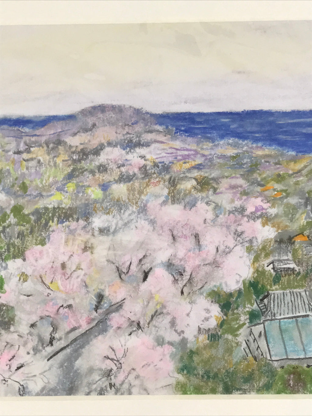 Japanese Cherry Blossom View Pastel Drawing Art Signed Yoshihiro Hagino FL319