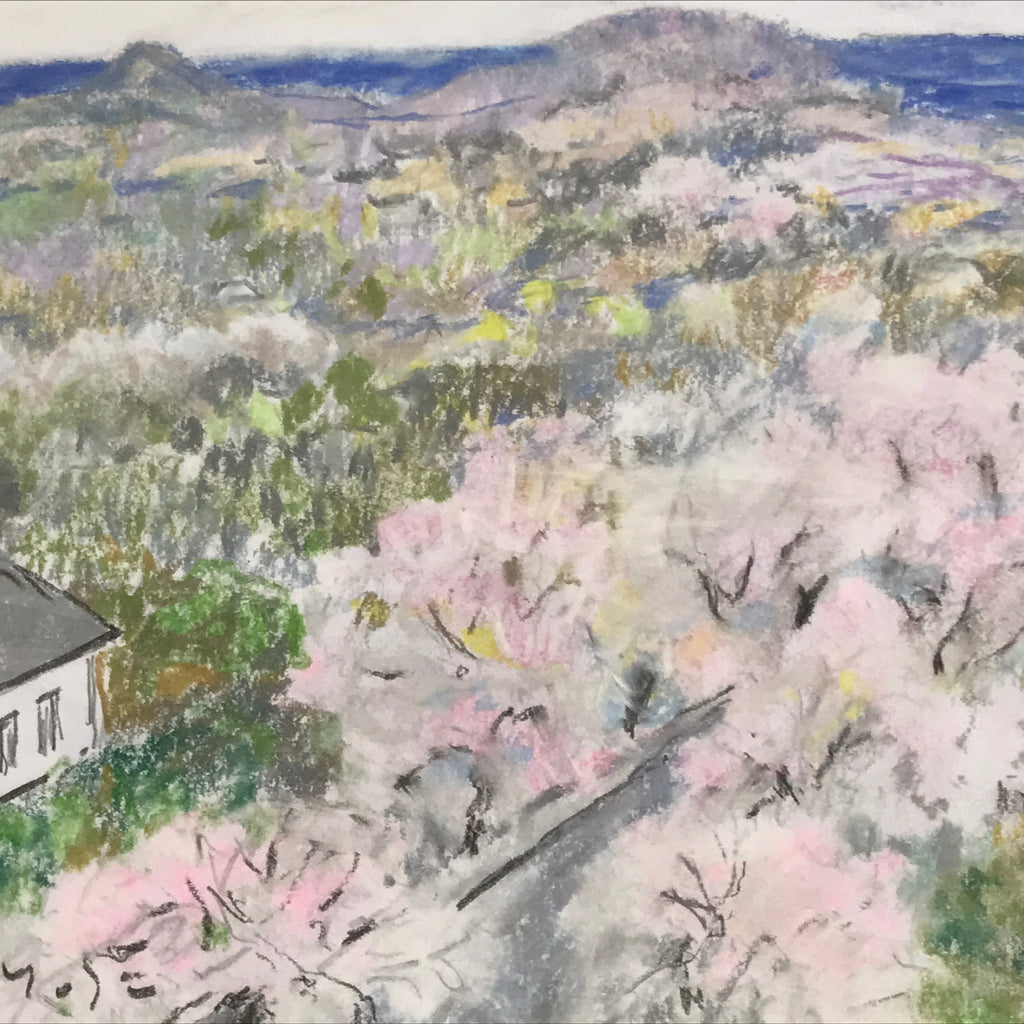 Japanese Cherry Blossom View Pastel Drawing Art Signed Yoshihiro