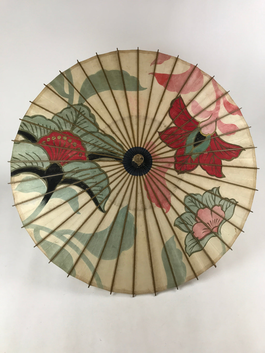 Japanese Childrens Umbrella Parasol Vtg Wagasa Bangasa Paper Blue Flowers JK626