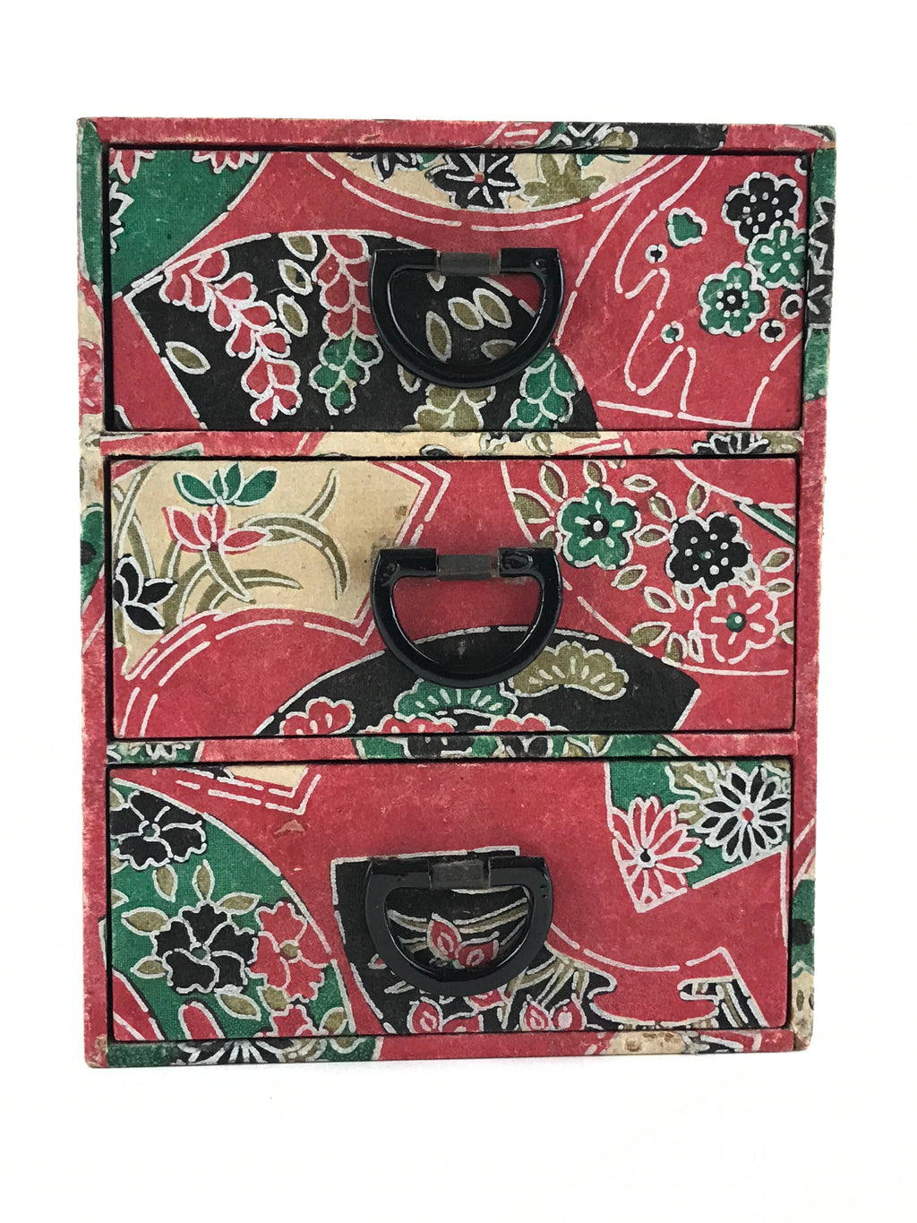 Japanese Chiyogami Paper Sewing Box Vtg Haribako Tansu 3 Drawers Fans T342