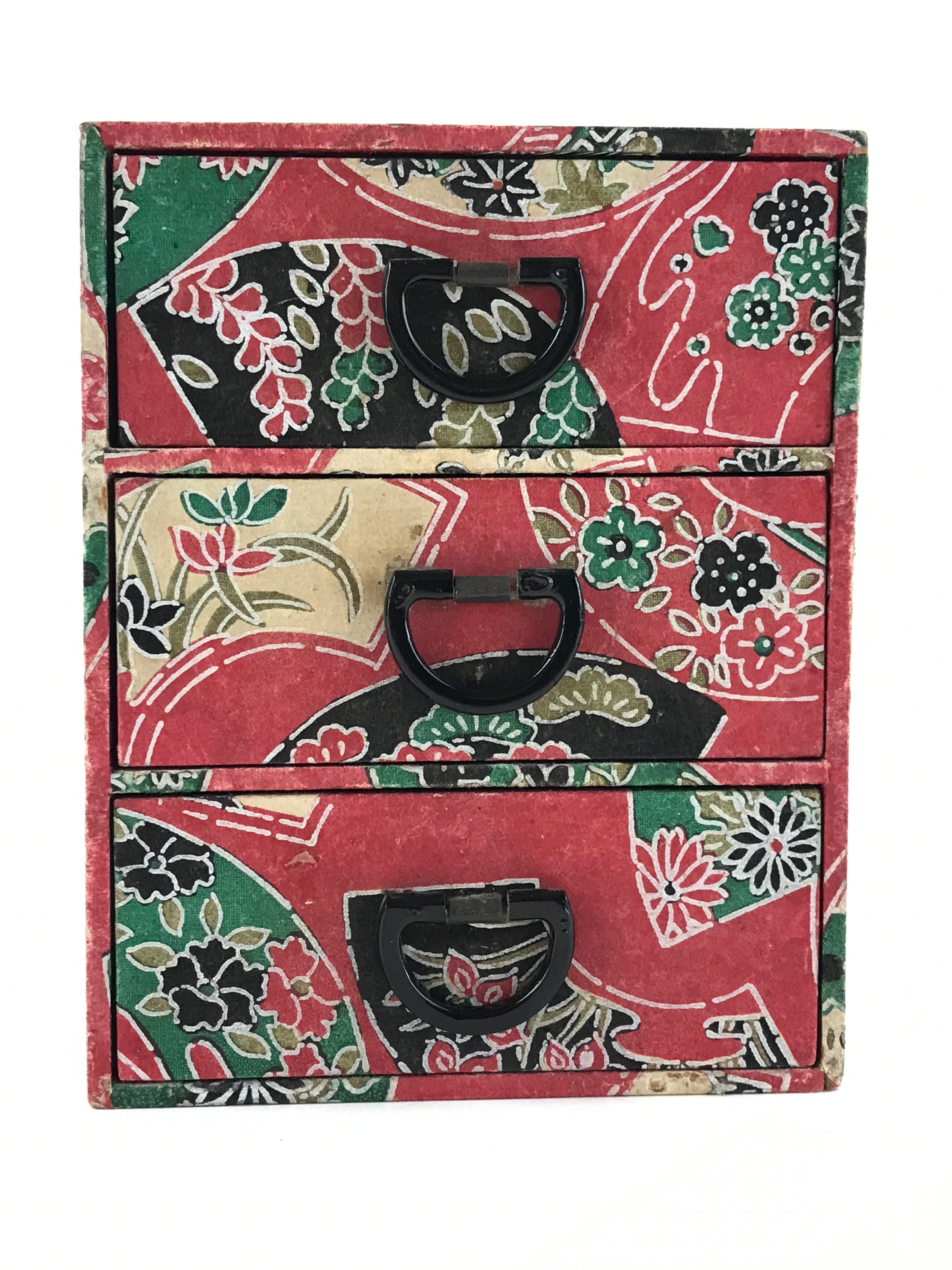 Japanese Chiyogami Paper Sewing Box Vtg Haribako Tansu 3 Drawers Fans T342