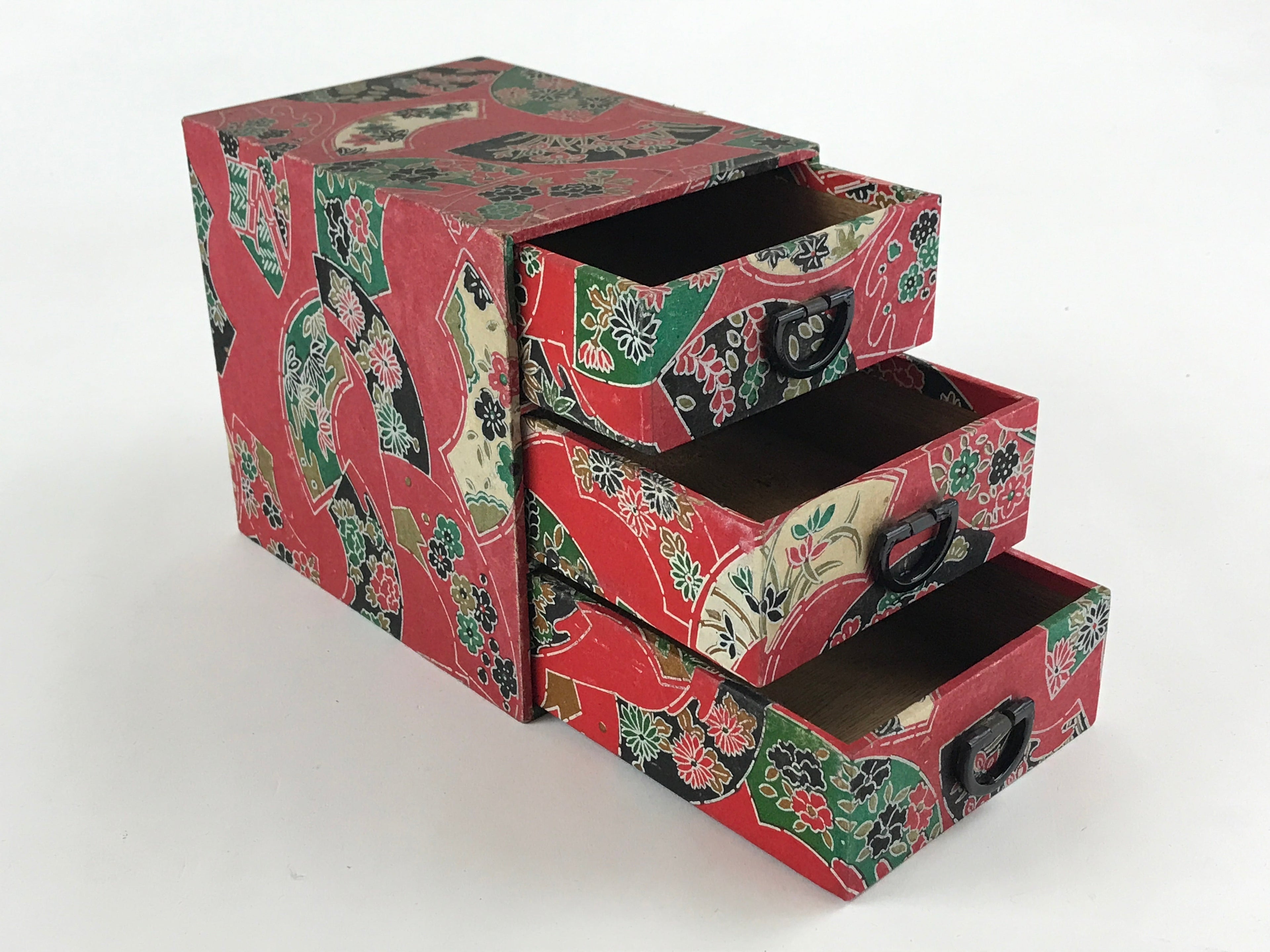 Japanese Chiyogami Paper Sewing Box Vtg Haribako Tansu 3 Drawers Fans T342