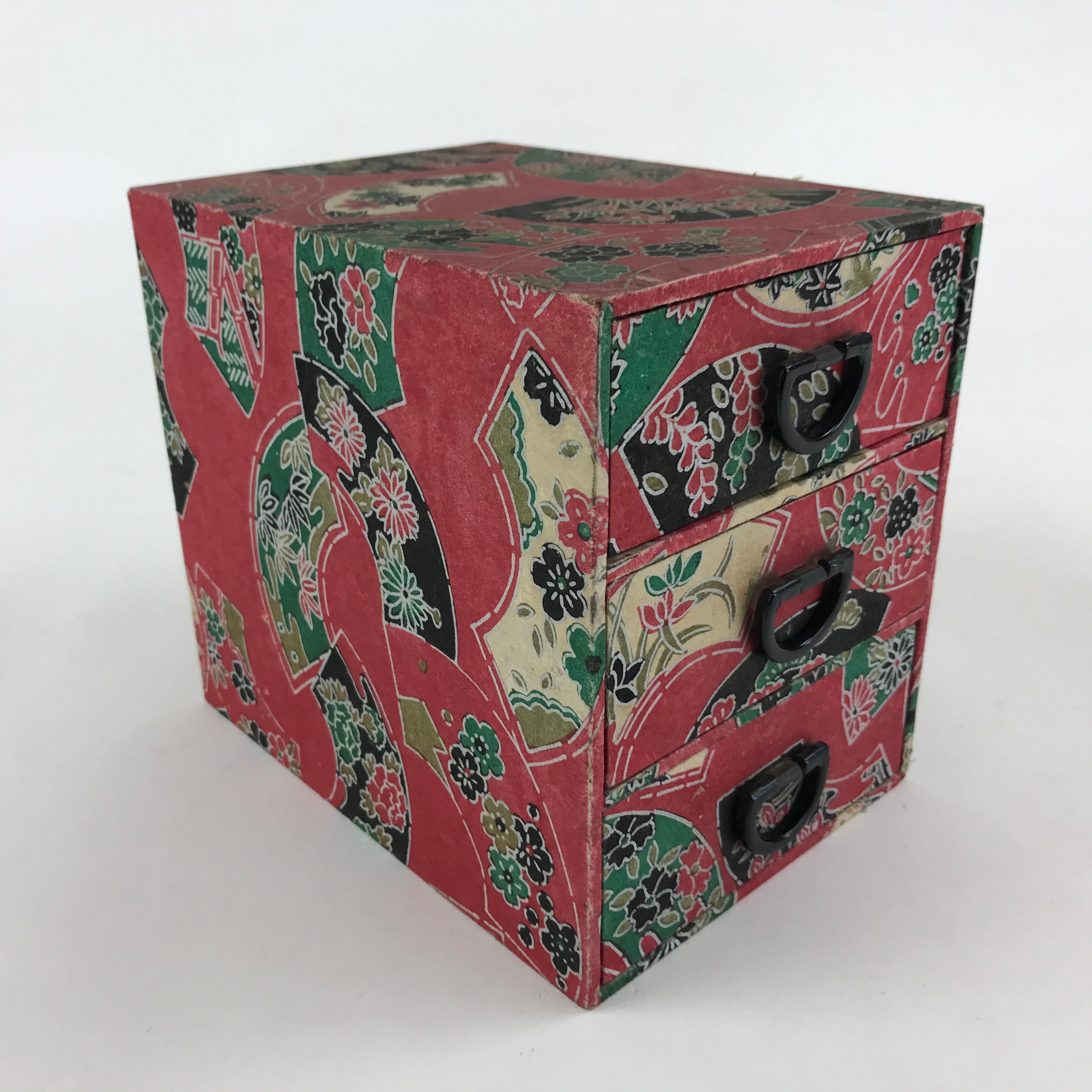Japanese Chiyogami Paper Sewing Box Vtg Haribako Tansu 3 Drawers Fans T342