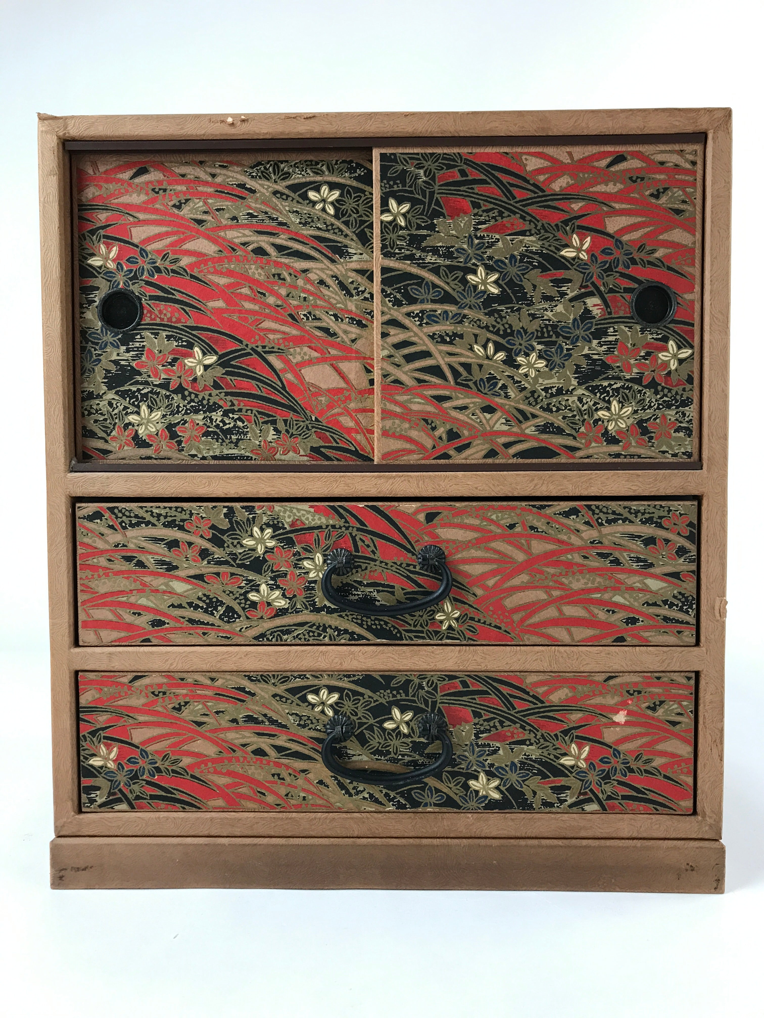 Japanese Chiyogami Paper Sewing Box Vtg Haribako Tansu 4 Drawers Flowers T360
