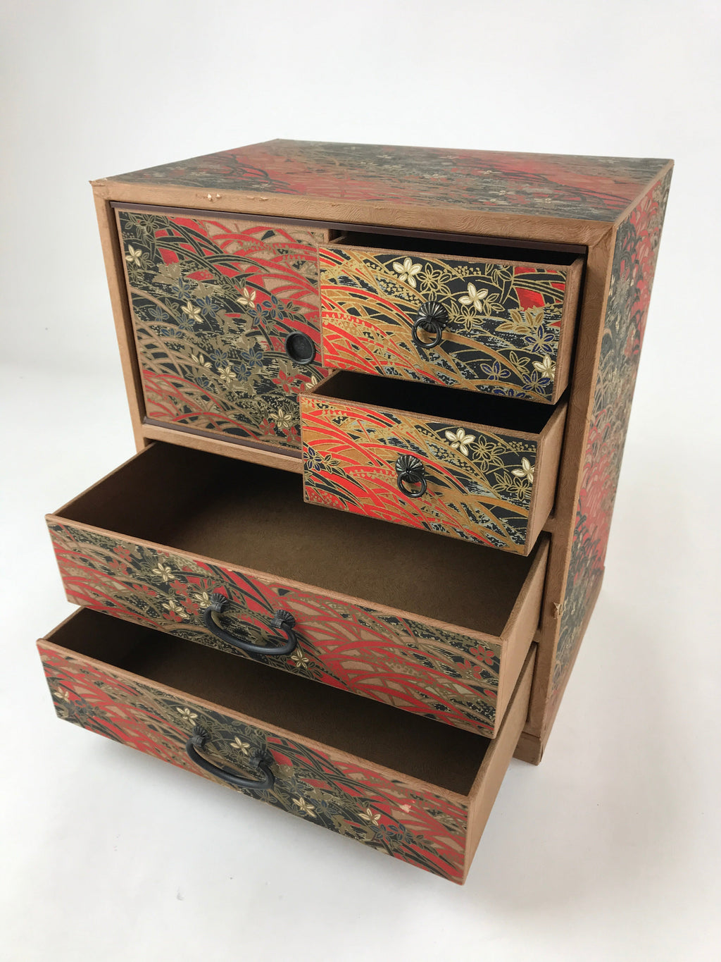 Japanese Chiyogami Paper Sewing Box Vtg Haribako Tansu 4 Drawers Flowers T360