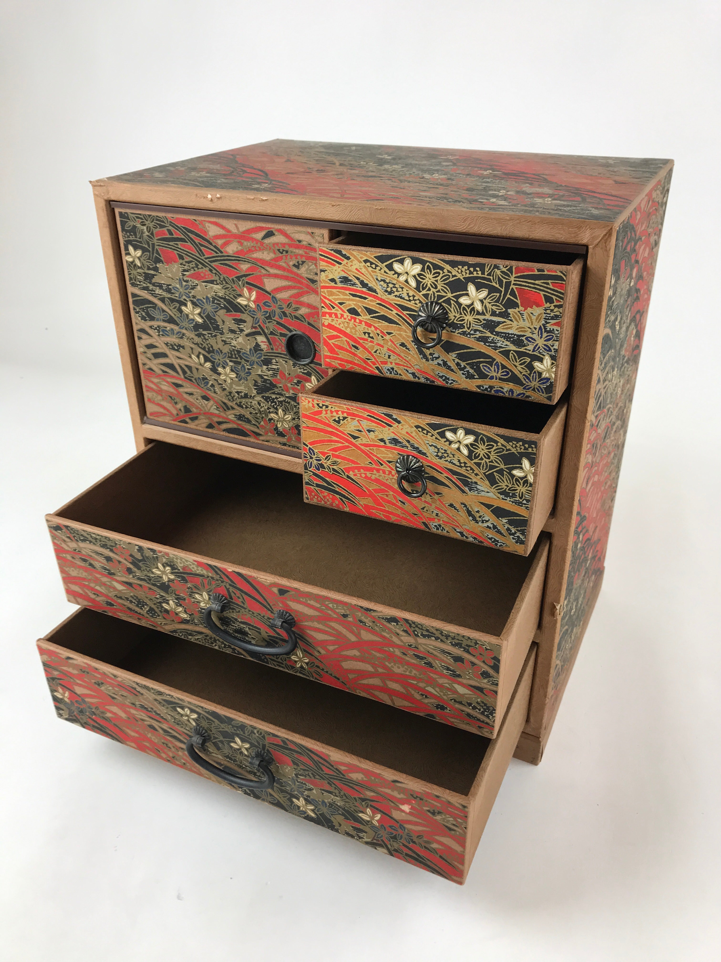 Japanese Chiyogami Paper Sewing Box Vtg Haribako Tansu 4 Drawers Flowers T360