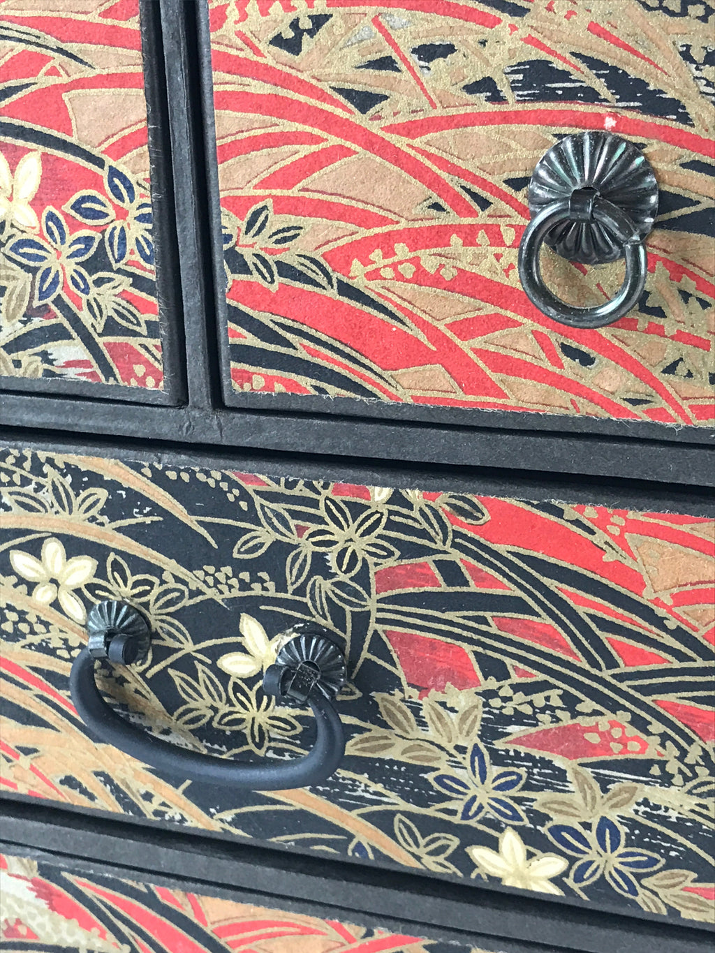 Japanese Chiyogami Paper Sewing Box Vtg Haribako Tansu 5 Drawers Flowers T341