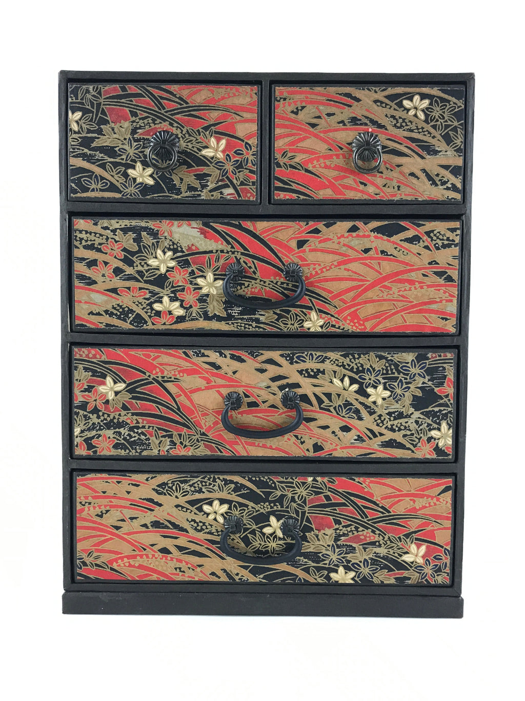 Japanese Chiyogami Paper Sewing Box Vtg Haribako Tansu 5 Drawers Flowers T341