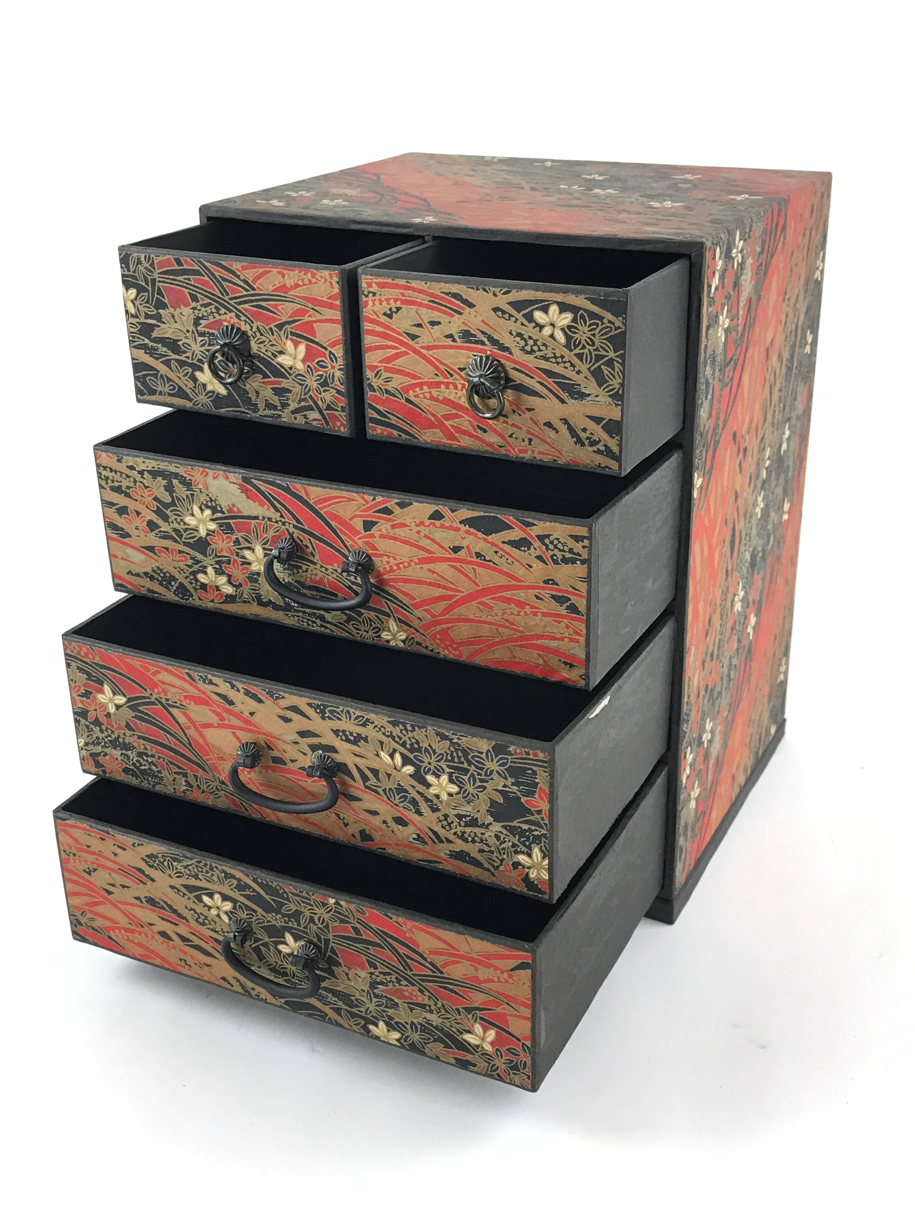 Japanese Chiyogami Paper Sewing Box Vtg Haribako Tansu 5 Drawers Flowers T341