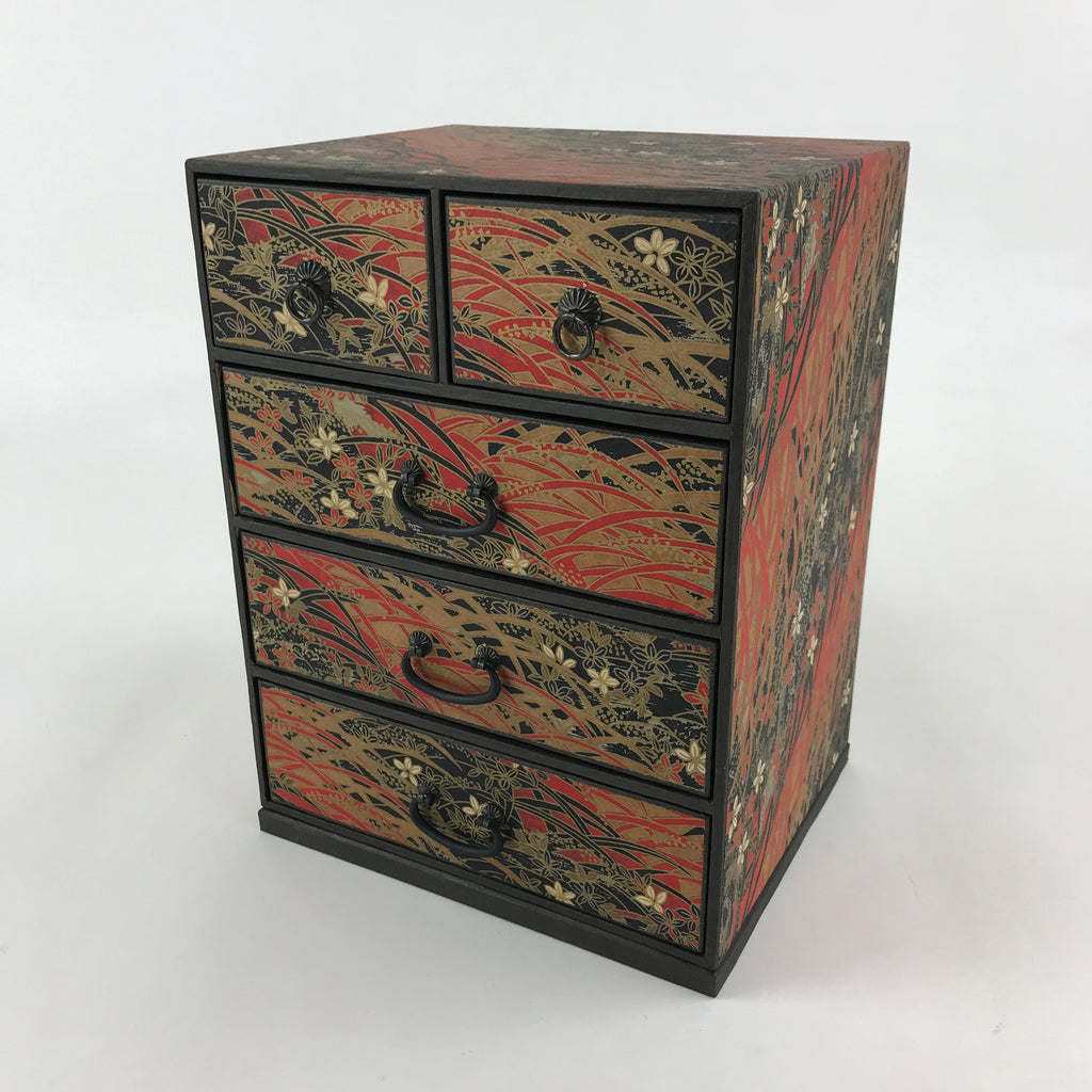 Japanese Chiyogami Paper Sewing Box Vtg Haribako Tansu 5 Drawers Flowers T341