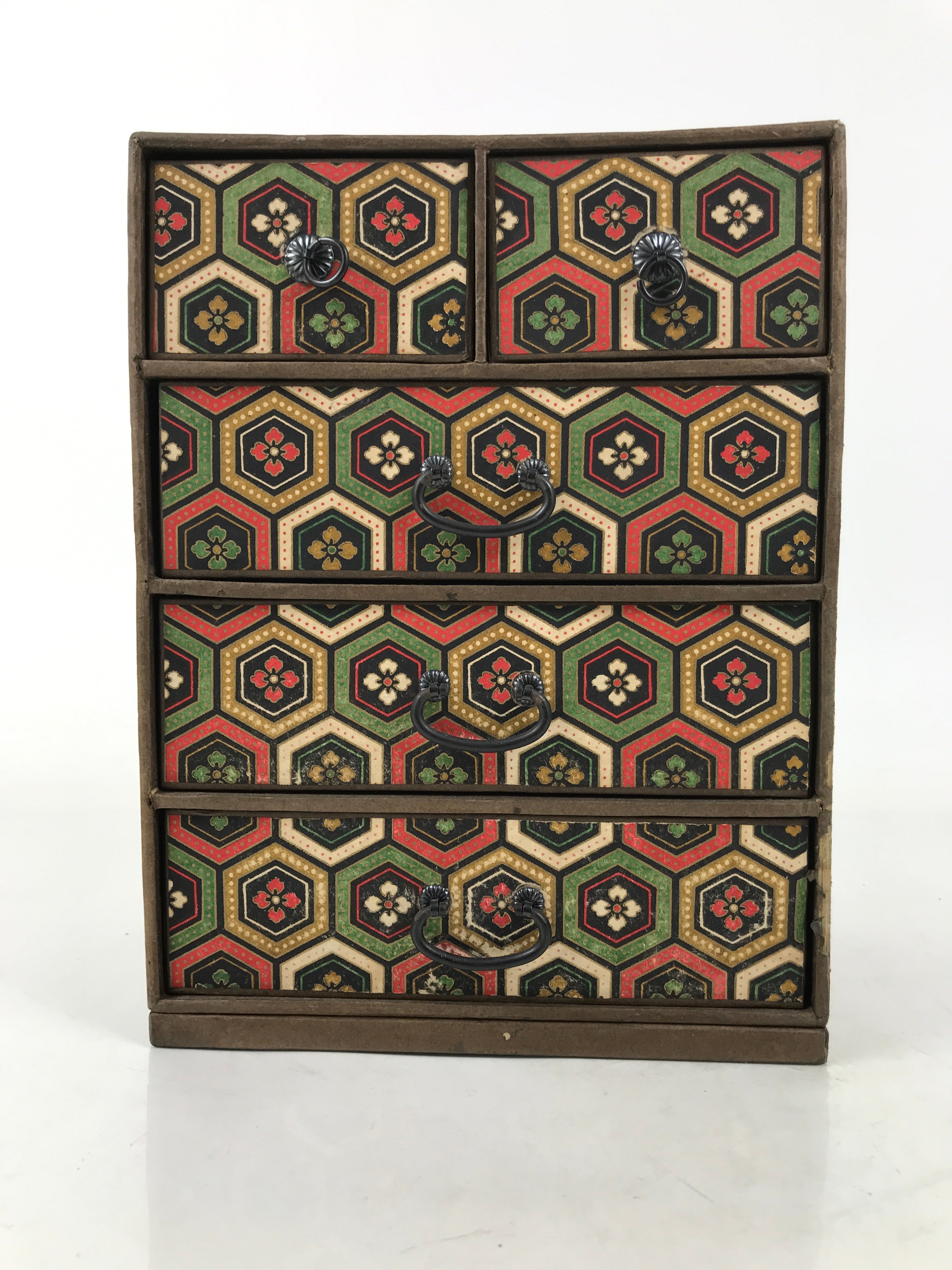 Japanese Chiyogami Paper Tansu Chest Vtg Haribako 5 Drawer Kikkou Hanabishi T403
