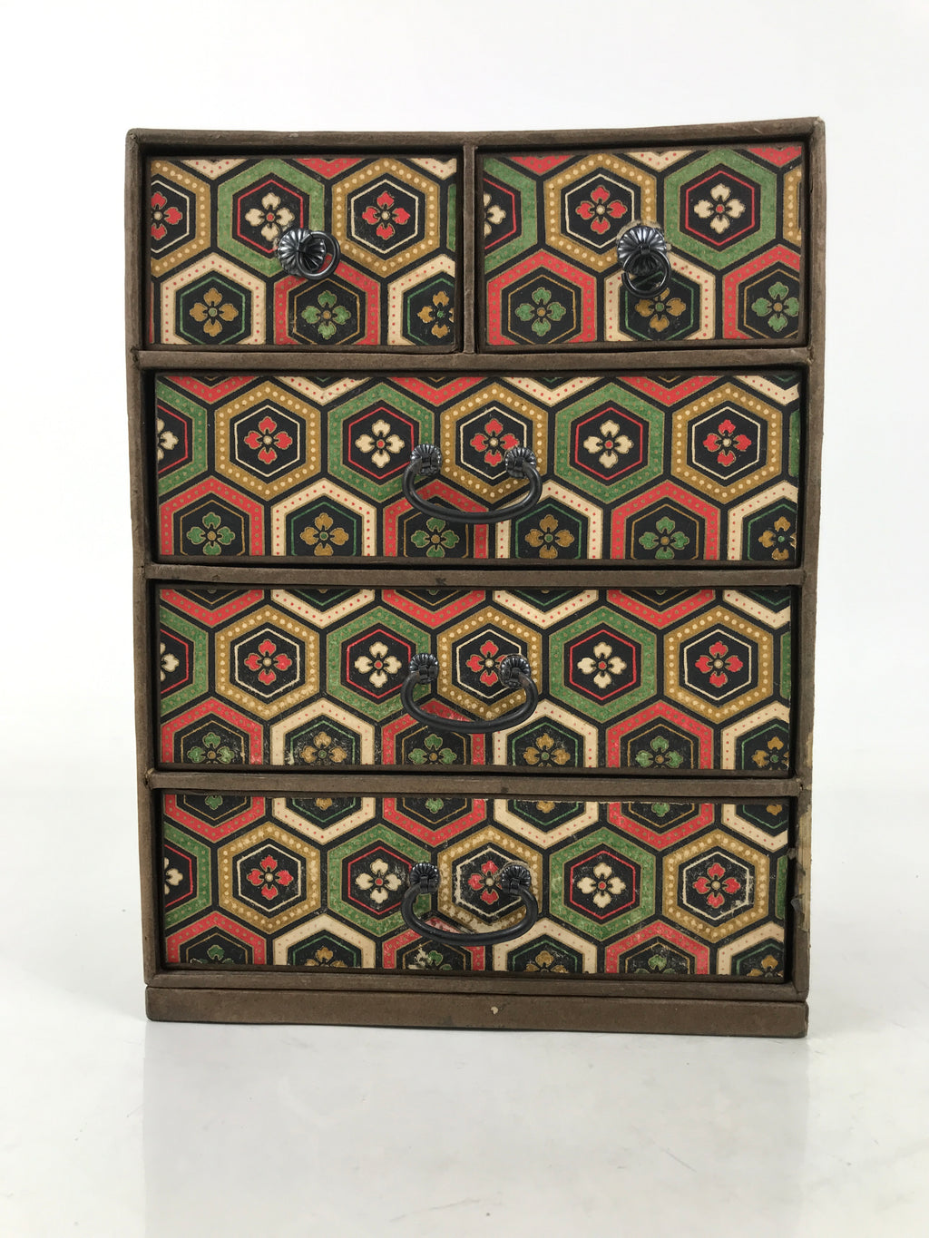Japanese Chiyogami Paper Tansu Chest Vtg Haribako 5 Drawer Kikkou Hanabishi T403