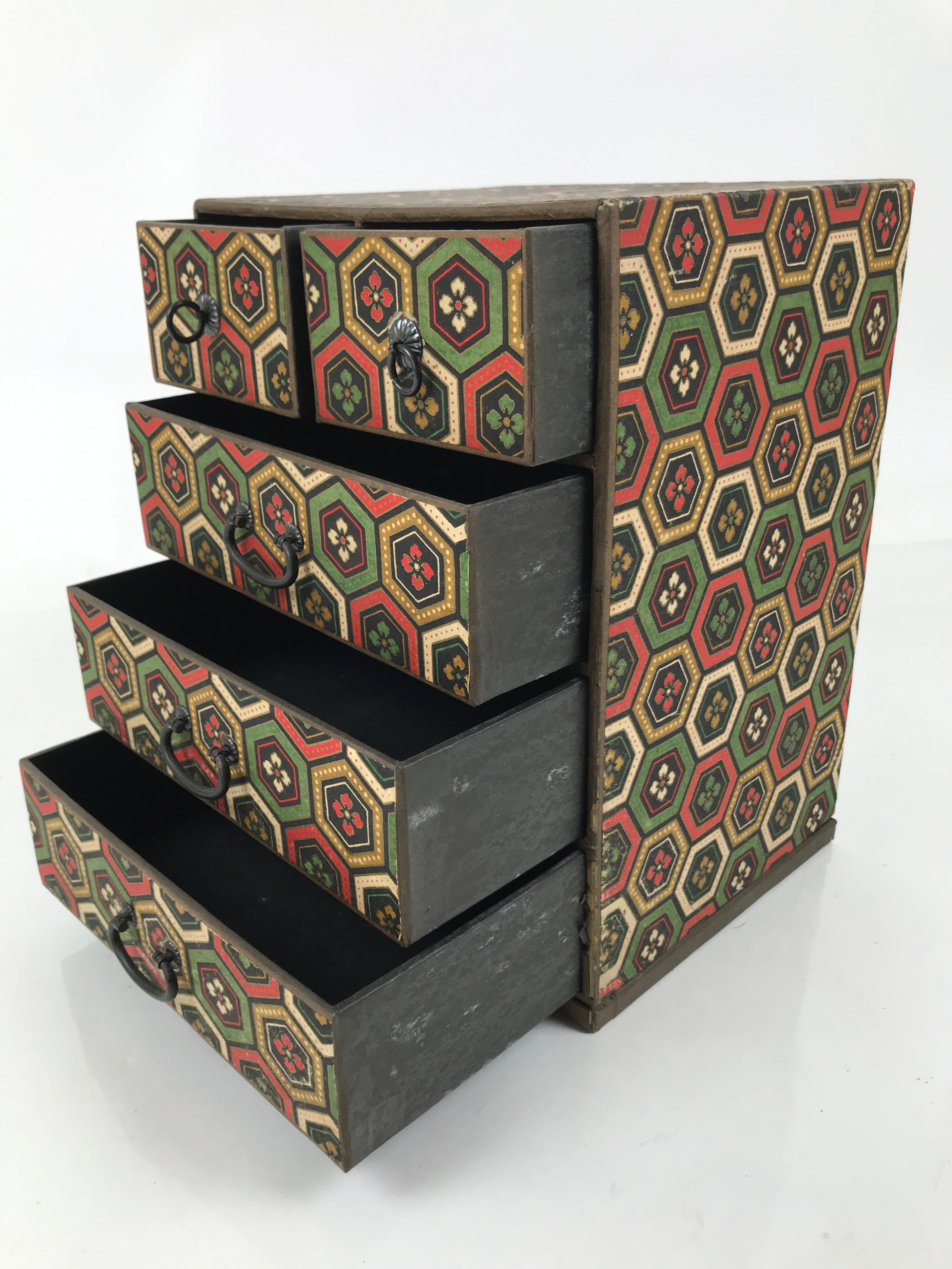 Japanese Chiyogami Paper Tansu Chest Vtg Haribako 5 Drawer Kikkou Hanabishi T403