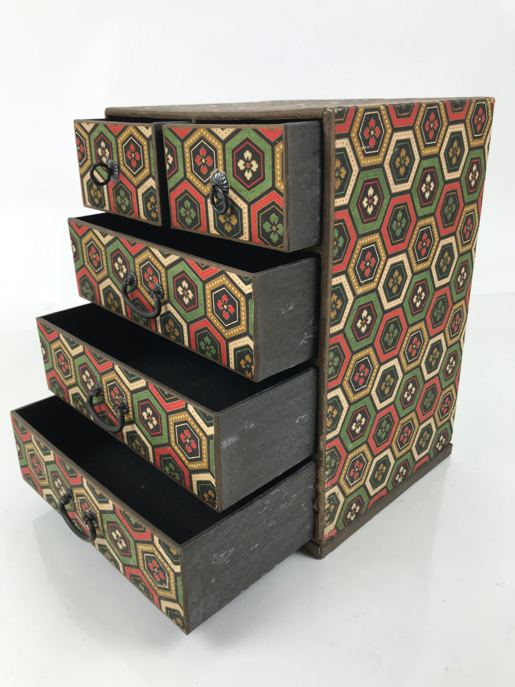 Japanese Chiyogami Paper Tansu Chest Vtg Haribako 5 Drawer Kikkou Hanabishi T403