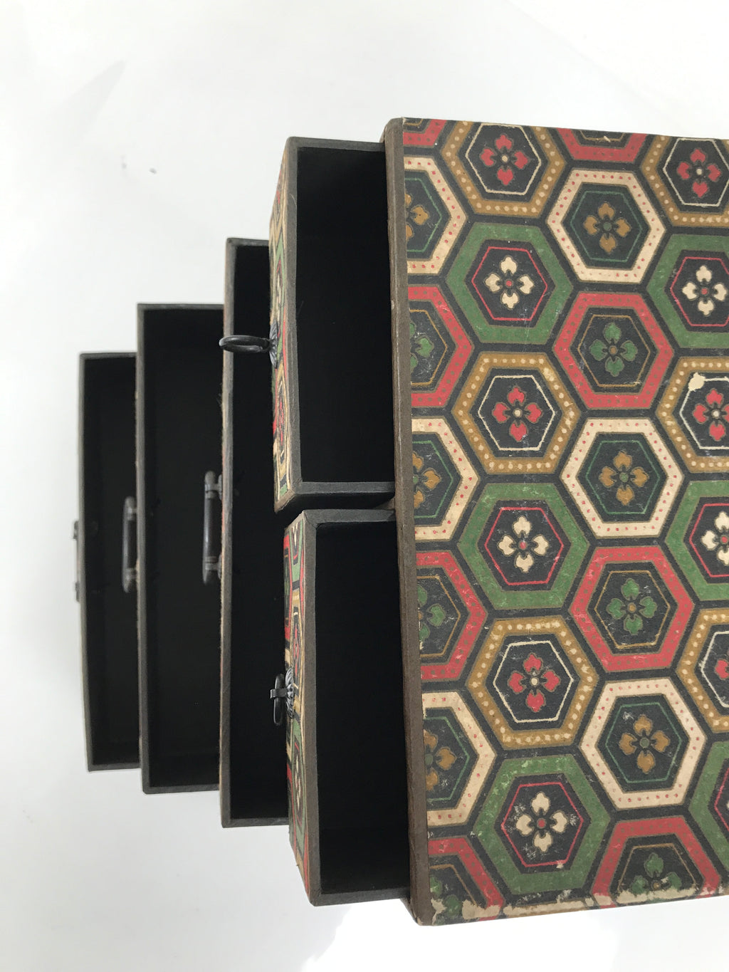 Japanese Chiyogami Paper Tansu Chest Vtg Haribako 5 Drawer Kikkou Hanabishi T403