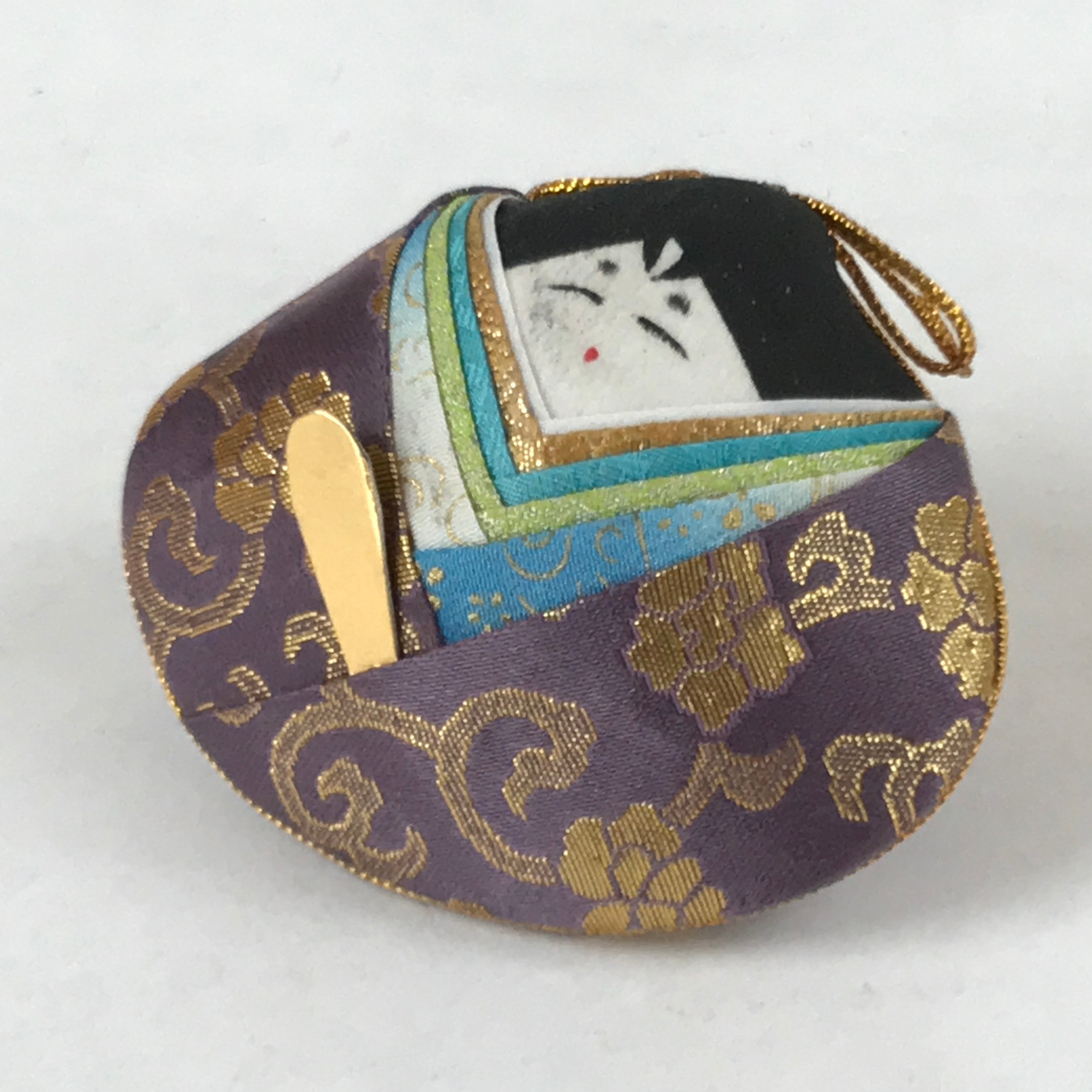 Japanese Clamshell Silk Kimono Hina Doll Vtg Girls Festival Purple Gold ID552