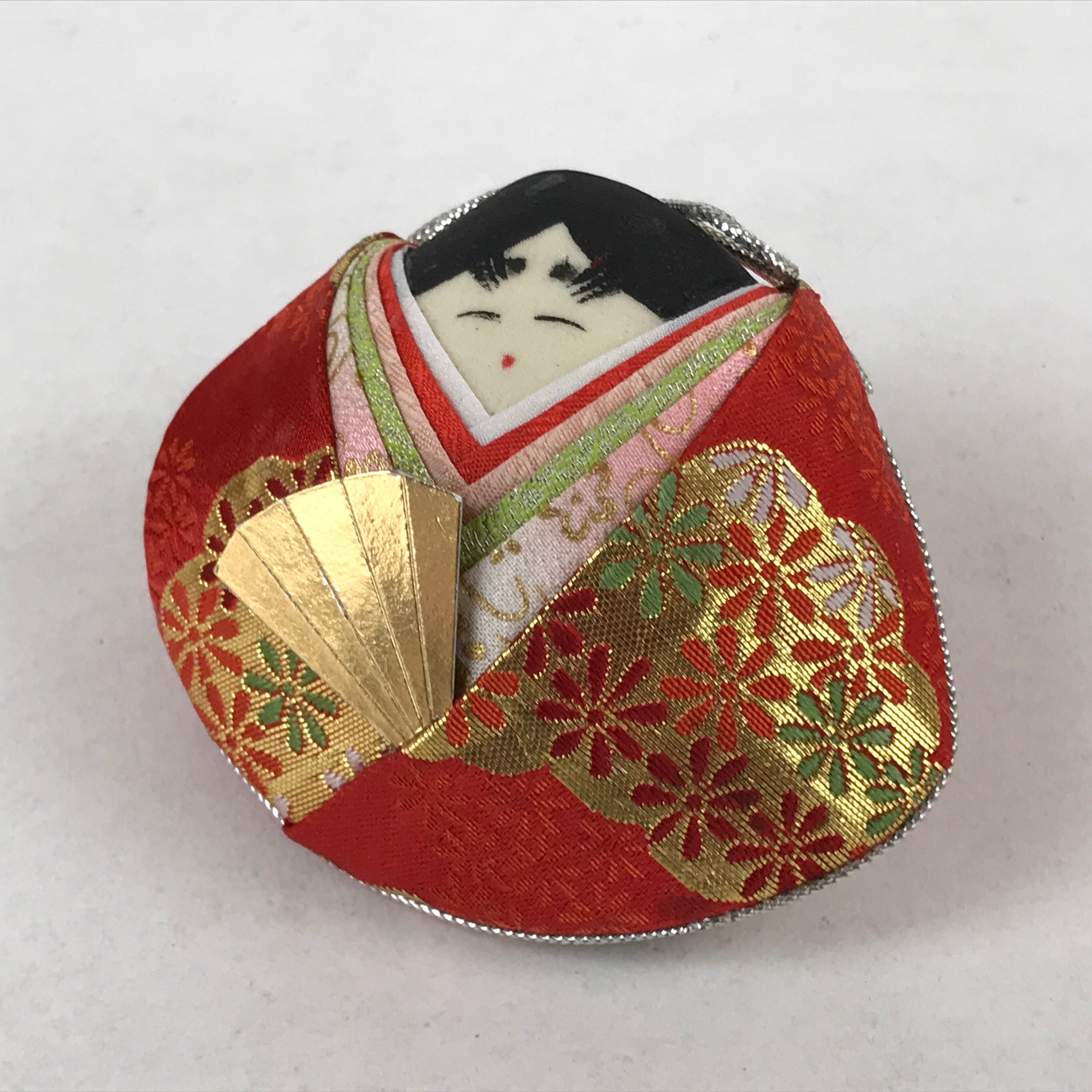 Japanese Clamshell Silk Kimono Hina Doll Vtg Girls Festival Red Gold ID553