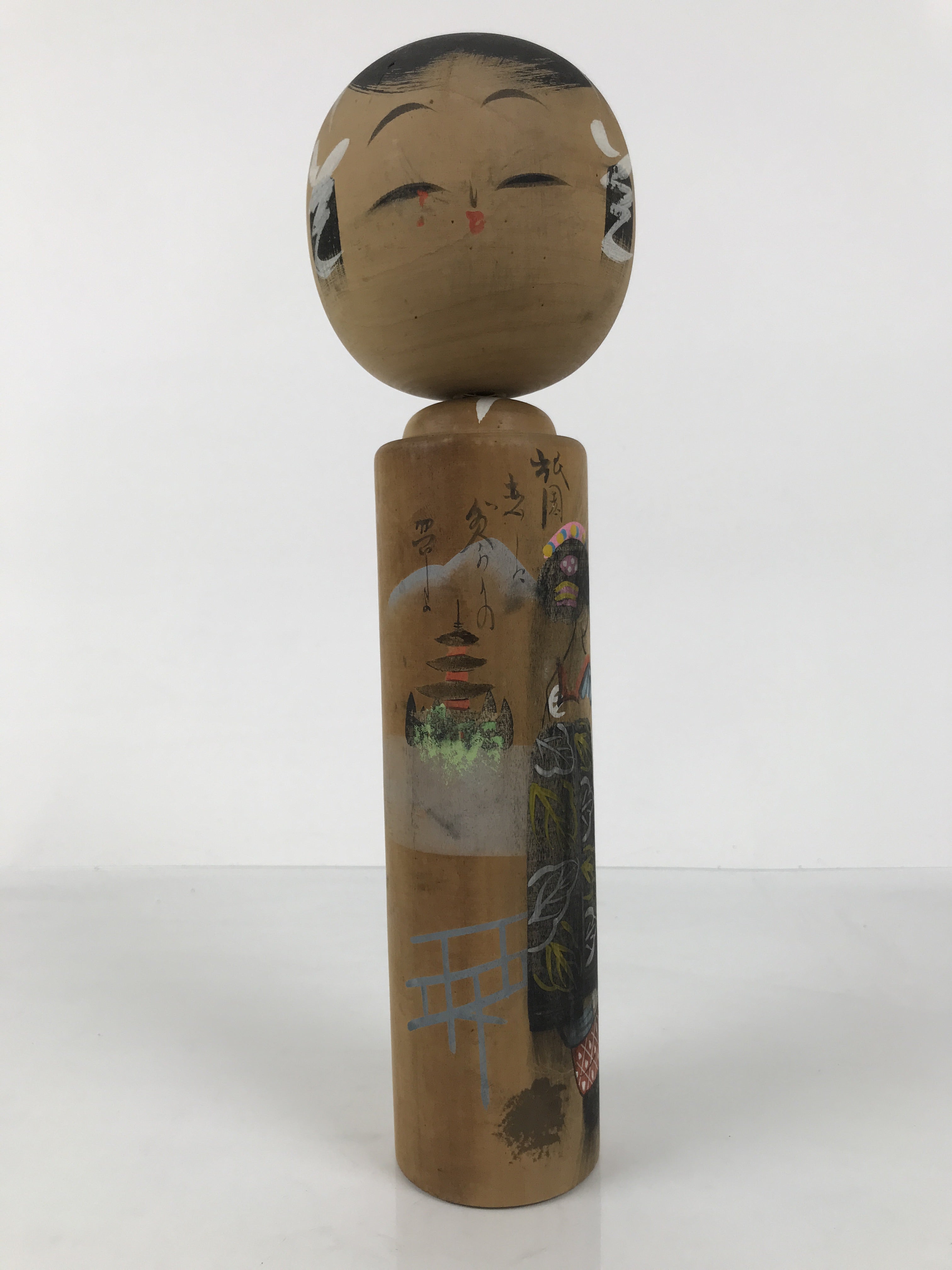 Japanese Classic Wooden Kokeshi Doll Vtg Black Brown Traditional Craft KF789