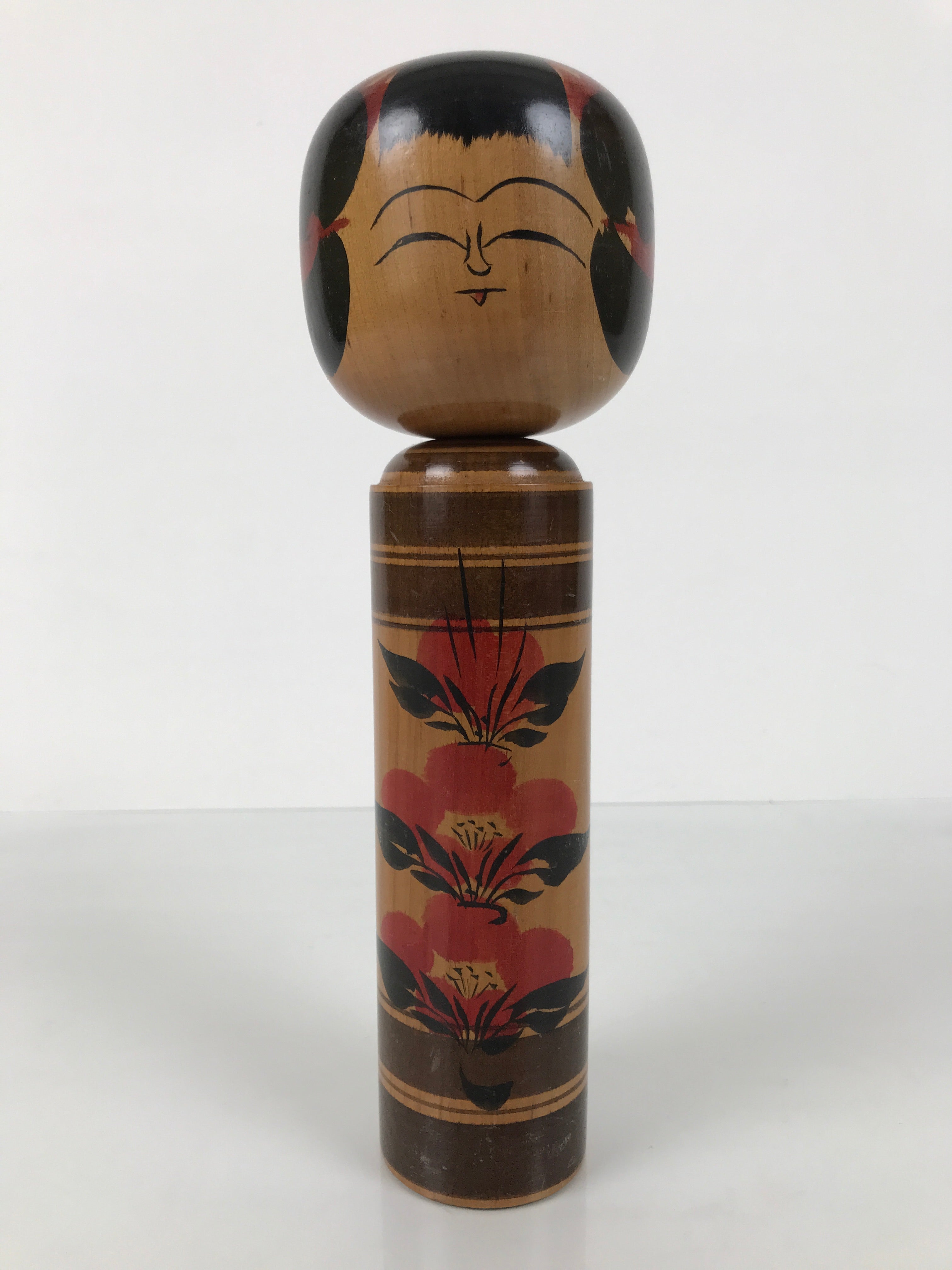 Japanese Classic Wooden Kokeshi Doll Vtg Black Red Brown Traditional Craft KF770