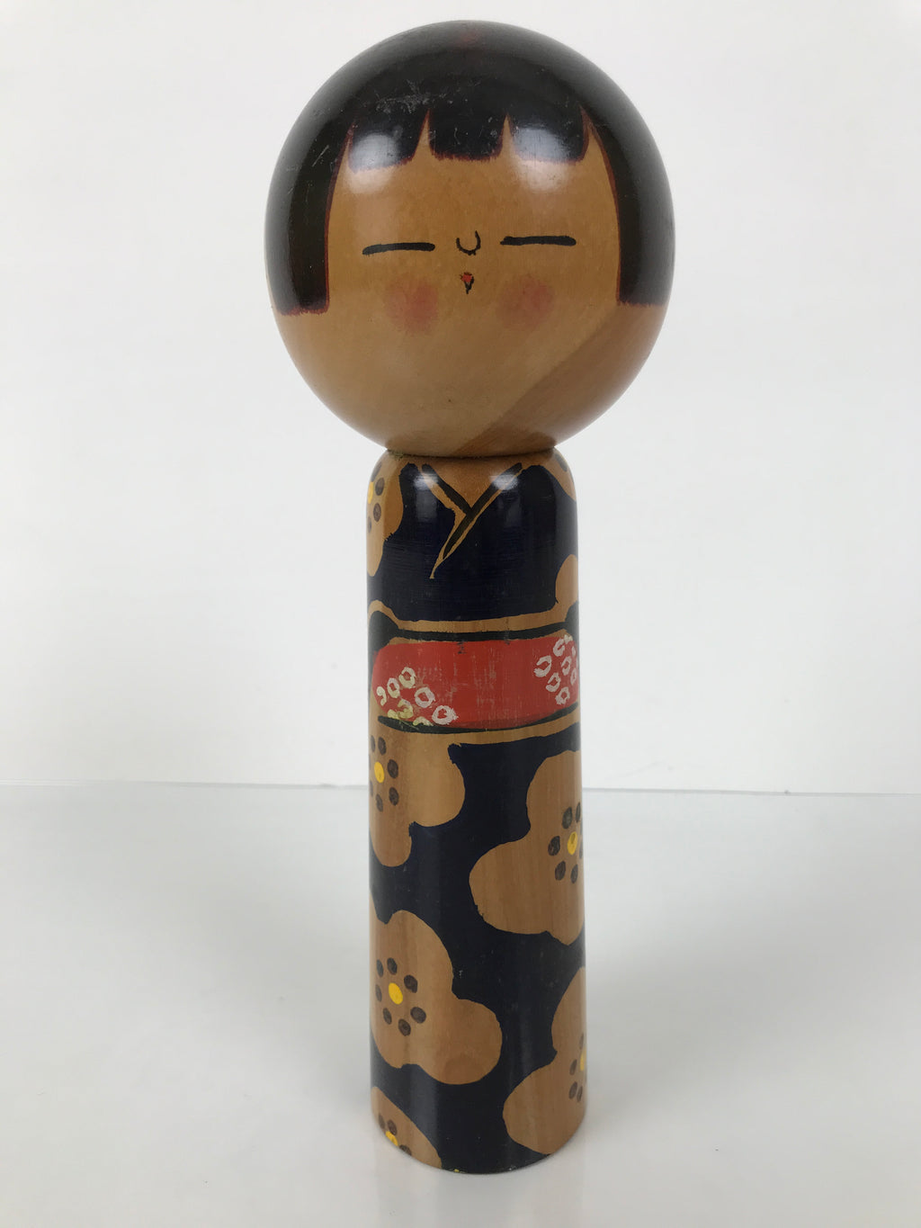 Japanese Classic Wooden Kokeshi Doll Vtg Black Red Brown Traditional Craft KF779