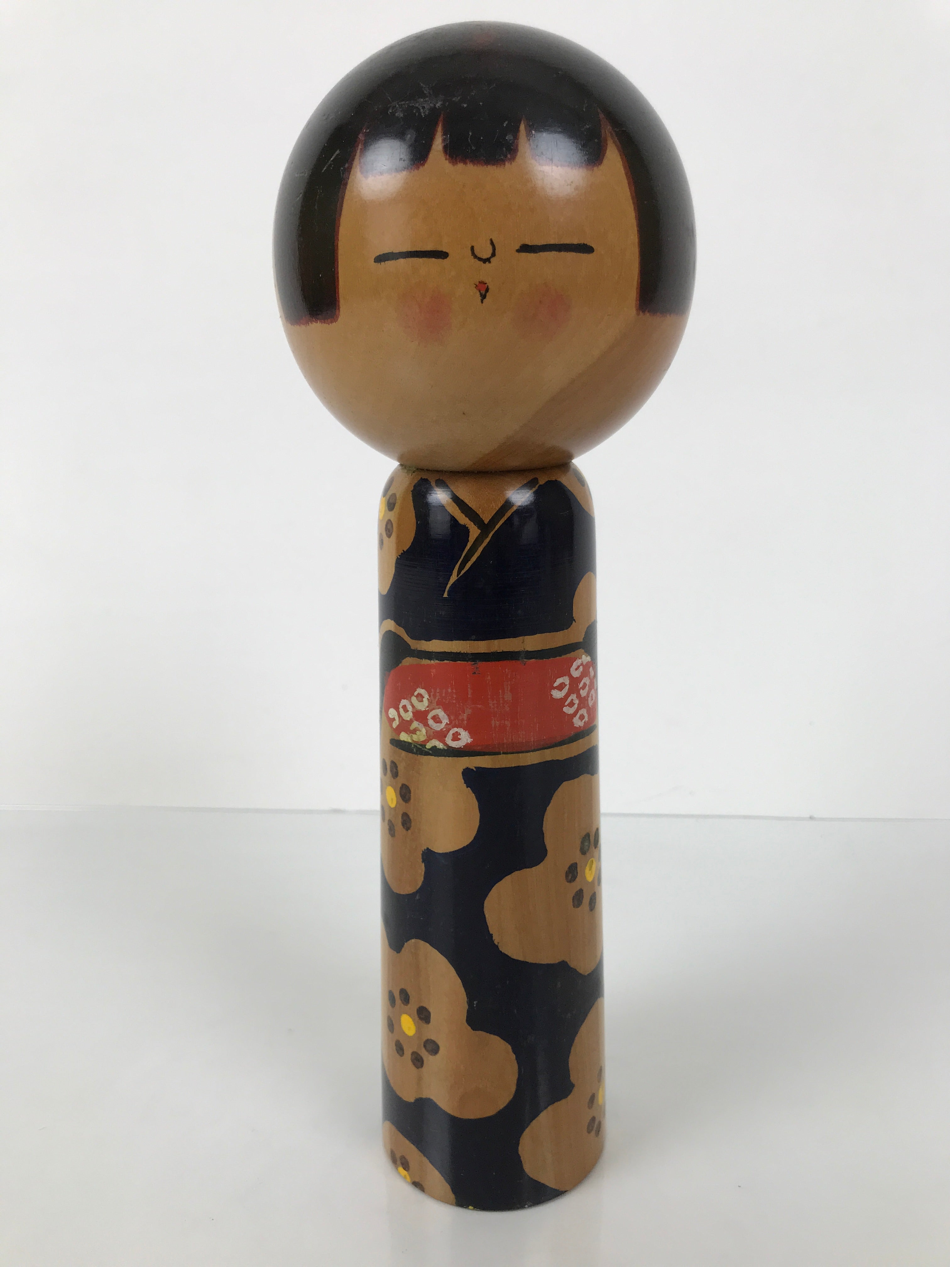 Japanese Classic Wooden Kokeshi Doll Vtg Black Red Brown Traditional Craft KF779