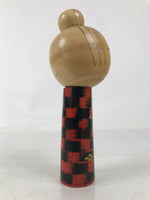 Japanese Classic Wooden Kokeshi Doll Vtg Hair Bun Red Black Check Flowers KF737
