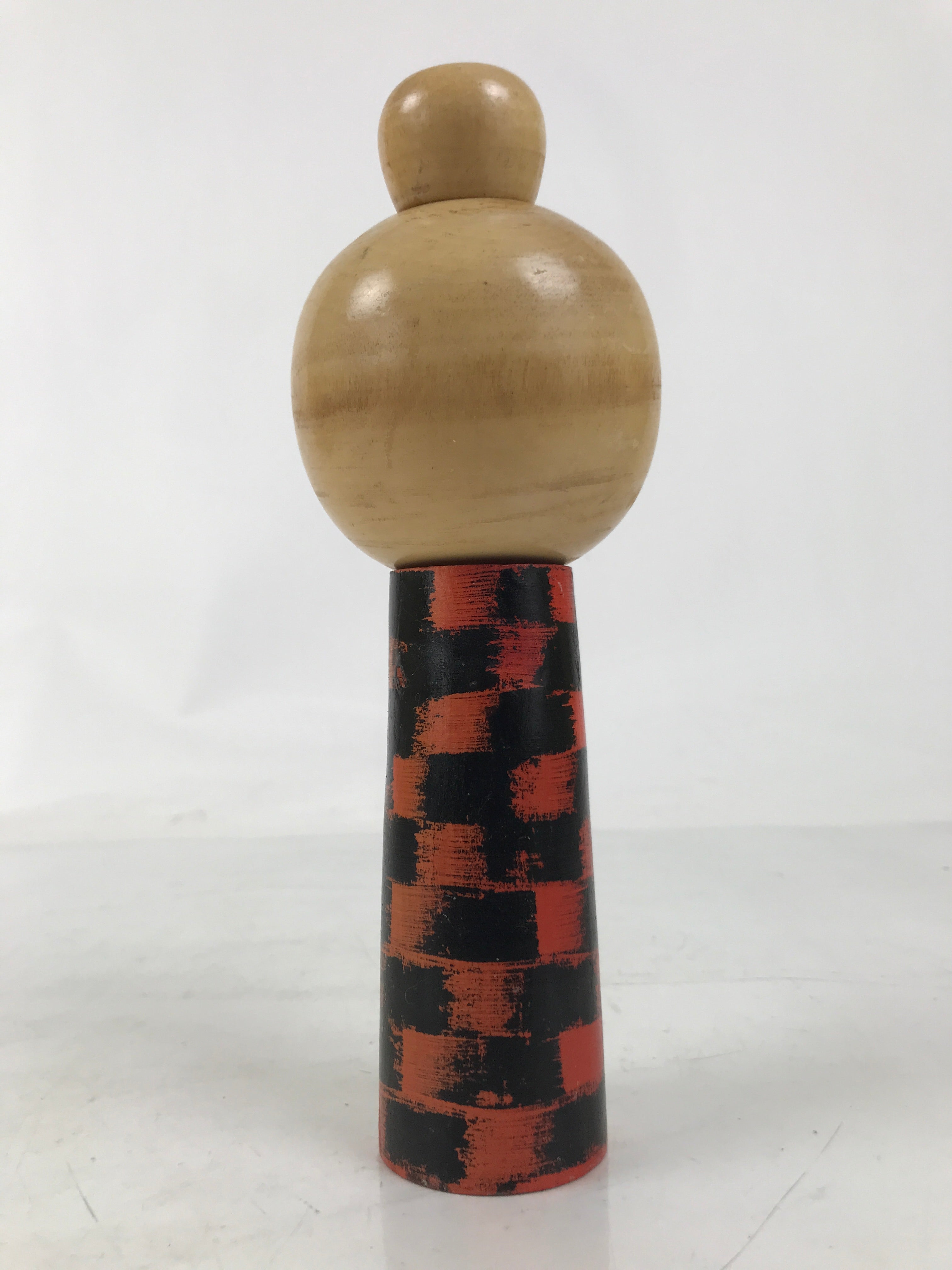 Japanese Classic Wooden Kokeshi Doll Vtg Hair Bun Red Black Check Flowers KF737
