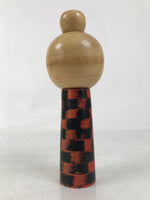 Japanese Classic Wooden Kokeshi Doll Vtg Hair Bun Red Black Check Flowers KF737