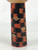 Japanese Classic Wooden Kokeshi Doll Vtg Hair Bun Red Black Check Flowers KF737