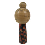 Japanese Classic Wooden Kokeshi Doll Vtg Hair Bun Red Black Check Flowers KF737