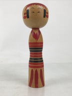 Japanese Classic Wooden Kokeshi Doll Vtg Hair Hime Cut Red Black Kimono KF739