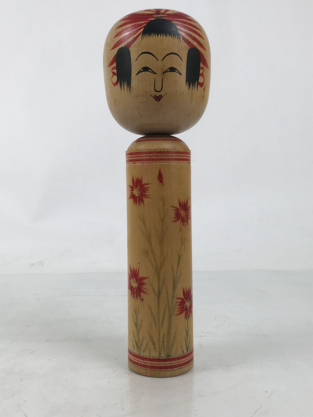 Japanese Classic Wooden Kokeshi Doll Vtg Hair Hime Cut Red Black Nadeshiko KF740