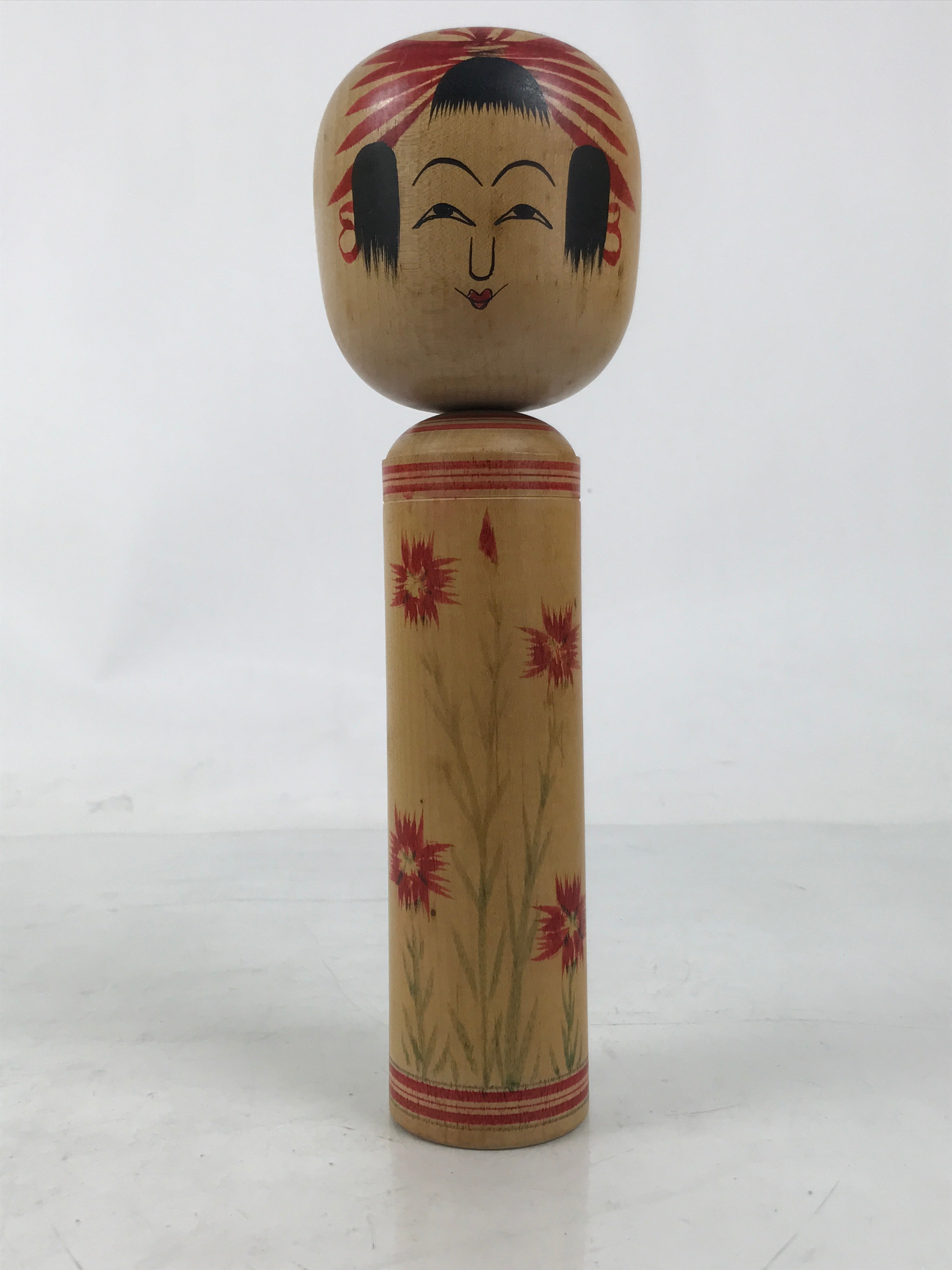 Japanese Classic Wooden Kokeshi Doll Vtg Hair Hime Cut Red Black Nadeshiko KF740