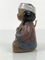 Japanese Clay Bell Ainu Girl Dorei Vtg Tsuchi-Suzu Black Brown Blue Glaze DR601