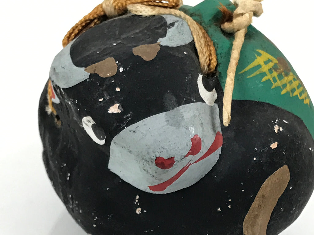 Japanese Clay Bell Dorei Cow Vtg Tsuchi-Suzu Zodiac Animal Black Ushi DR651